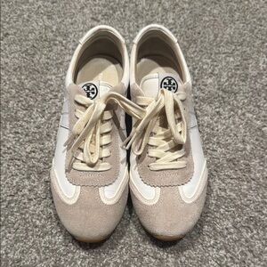 Tory Burch White and Tan Retro Sneakers